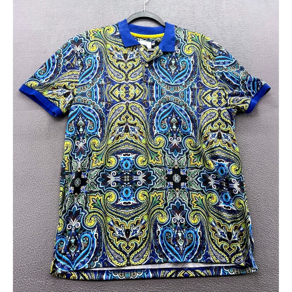 Marcel Massimo Shirt Mens 3XL Paisley Polo Blue Yellow Cotton Short Sleeve